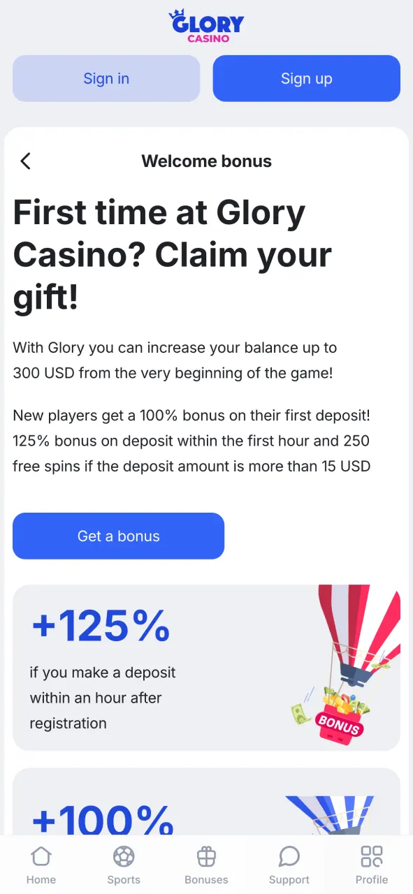 Glory Casino 공식 사이트 보너스 화면에서 가입 혜택을 확인해 보세요.