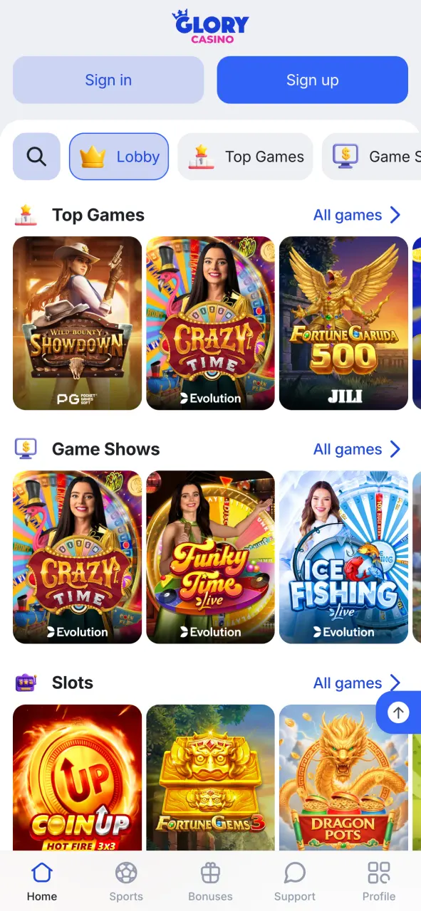 Glory Casino 공식 사이트 카지노 로비 화면에서 선호하는 게임을 찾아보세요.